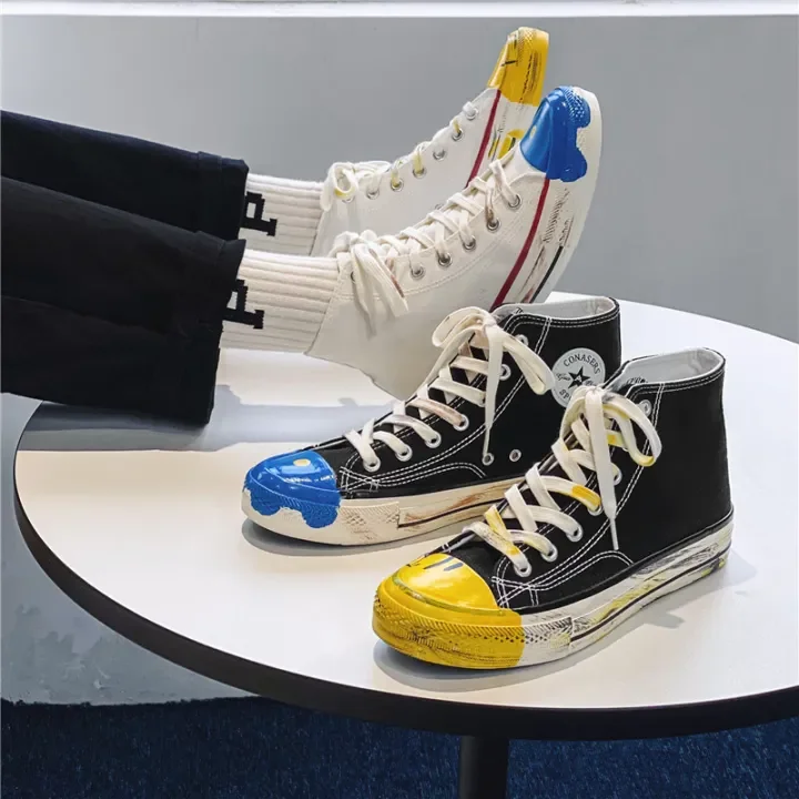 Japanese Graffiti Men S Shoes Teenagers Hong Kong Style Trendy Versatile Mandarin Duck Canvas Shoes High Top Casual Flat Dirty Fashion Shoes Lazada Singapore