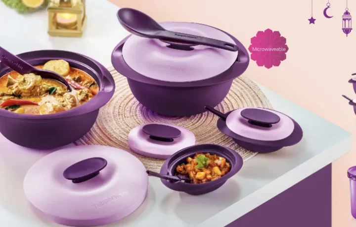 Tupperware Purple Royale Round Server with serving spoon/ Sambal dish/ crystalline pitcher